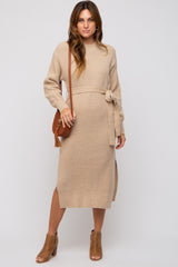 Beige Side Slit Maternity Sweater Midi Dress