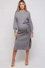 Heather Grey Side Slit Maternity Sweater Midi Dress