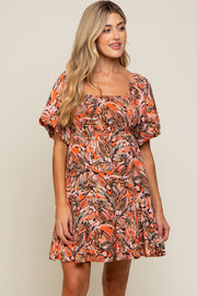 Rust Palm Print Smocked Short Sleeve Maternity Dress