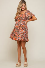 Rust Palm Print Smocked Short Sleeve Maternity Dress