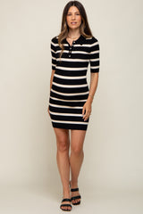 Black Striped Rib Knit Collared Maternity Dress