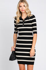 Black Striped Rib Knit Collared Maternity Dress