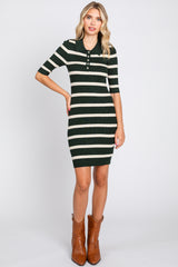 Olive Striped Rib Knit Collared Dress