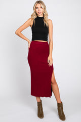 Burgundy Ribbed Knit Slit Maternity Midi Skirt