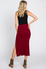 Burgundy Ribbed Knit Slit Midi Skirt