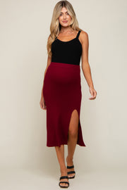 Burgundy Ribbed Knit Slit Maternity Midi Skirt