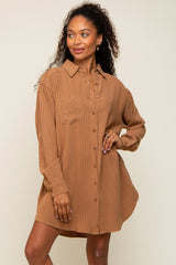 Camel Pinstriped Button-Down Linen Dress