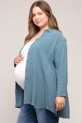 Teal Pinstriped Button-Down Linen Maternity Plus Tunic