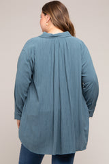 Teal Pinstriped Button-Down Linen Maternity Plus Tunic