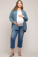 Teal Pinstriped Button-Down Linen Maternity Plus Tunic