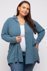 Teal Pinstriped Button-Down Linen Plus Tunic