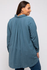 Teal Pinstriped Button-Down Linen Plus Tunic