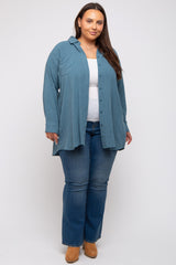 Teal Pinstriped Button-Down Linen Maternity Plus Tunic