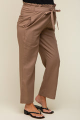 Mocha Ruffle Tie Waist Linen Maternity Pants