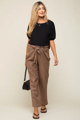 Mocha Ruffle Tie Waist Linen Maternity Pants