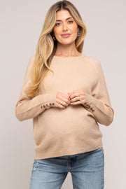 Beige Button Accent Solid Maternity Sweater