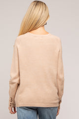 Beige Button Accent Solid Maternity Sweater