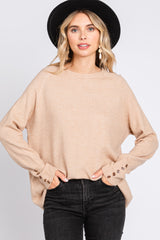 Beige Button Accent Solid Maternity Sweater