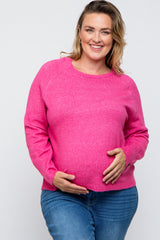 Fuchsia Button Accent Solid Maternity Plus Size Sweater