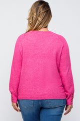 Fuchsia Button Accent Solid Maternity Plus Size Sweater