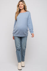 Blue Fuzzy Knit Boat Neck Maternity Sweater