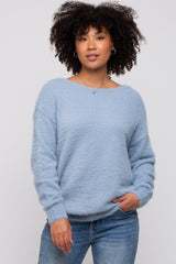 Blue Fuzzy Knit Boat Neck Maternity Sweater