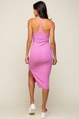 Pink Sleeveless Ribbed Slit Midi Dress