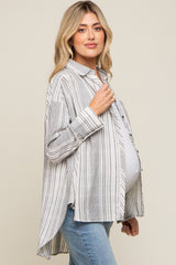 White Textured Stripe Button Down Hi-Low Maternity Top