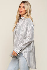 White Textured Stripe Button Down Hi-Low Top