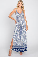 Navy Blue Floral Border Print Front Twist Maternity Maxi Dress