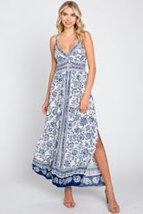 Navy Blue Floral Border Print Front Twist Maxi Dress