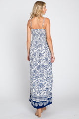 Navy Blue Floral Border Print Front Twist Maxi Dress