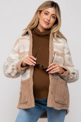 Beige Striped Fuzzy Knit Teddy Maternity Jacket