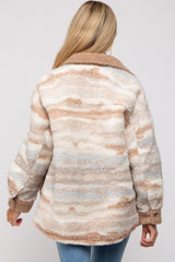 Beige Striped Fuzzy Knit Teddy Maternity Jacket