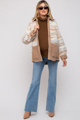 Beige Striped Fuzzy Knit Teddy Maternity Jacket