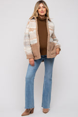 Beige Striped Fuzzy Knit Teddy Maternity Jacket