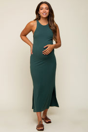 Teal Sleeveless Ribbed Side Slit Maternity Maxi Dress