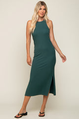 Teal Sleeveless Ribbed Side Slit Maxi Dress