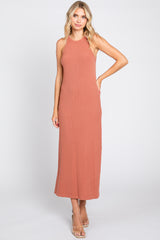 Rust Sleeveless Ribbed Side Slit Maternity Maxi Dress