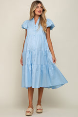 Light Blue Puff Sleeve Button Down Maternity Midi Dress