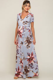 Light Blue Floral Maternity Wrap Dress