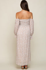 Cream Floral Square Neck Smocked Long Sleeve Maternity Maxi Dress