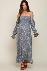 Blue Floral Square Neck Smocked Long Sleeve Maternity Maxi Dress