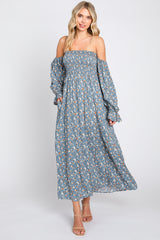 Blue Floral Square Neck Smocked Long Sleeve Maternity Maxi Dress