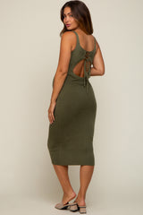 Olive Rib Knit Lace Up Back Maternity Midi Dress