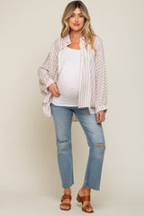 Taupe Striped Button Up Dolman Sleeve Maternity Top