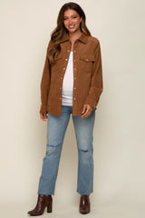 Camel Corduroy Button Front Long Sleeve Maternity Top