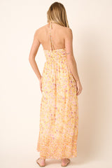 Orange Combo Flower Border Print Ruching Detail Maxi Dress