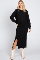 Black Knit Long Sleeve Crop Top Maternity Midi Skirt Set