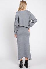 Grey Knit Long Sleeve Crop Top Midi Skirt Set